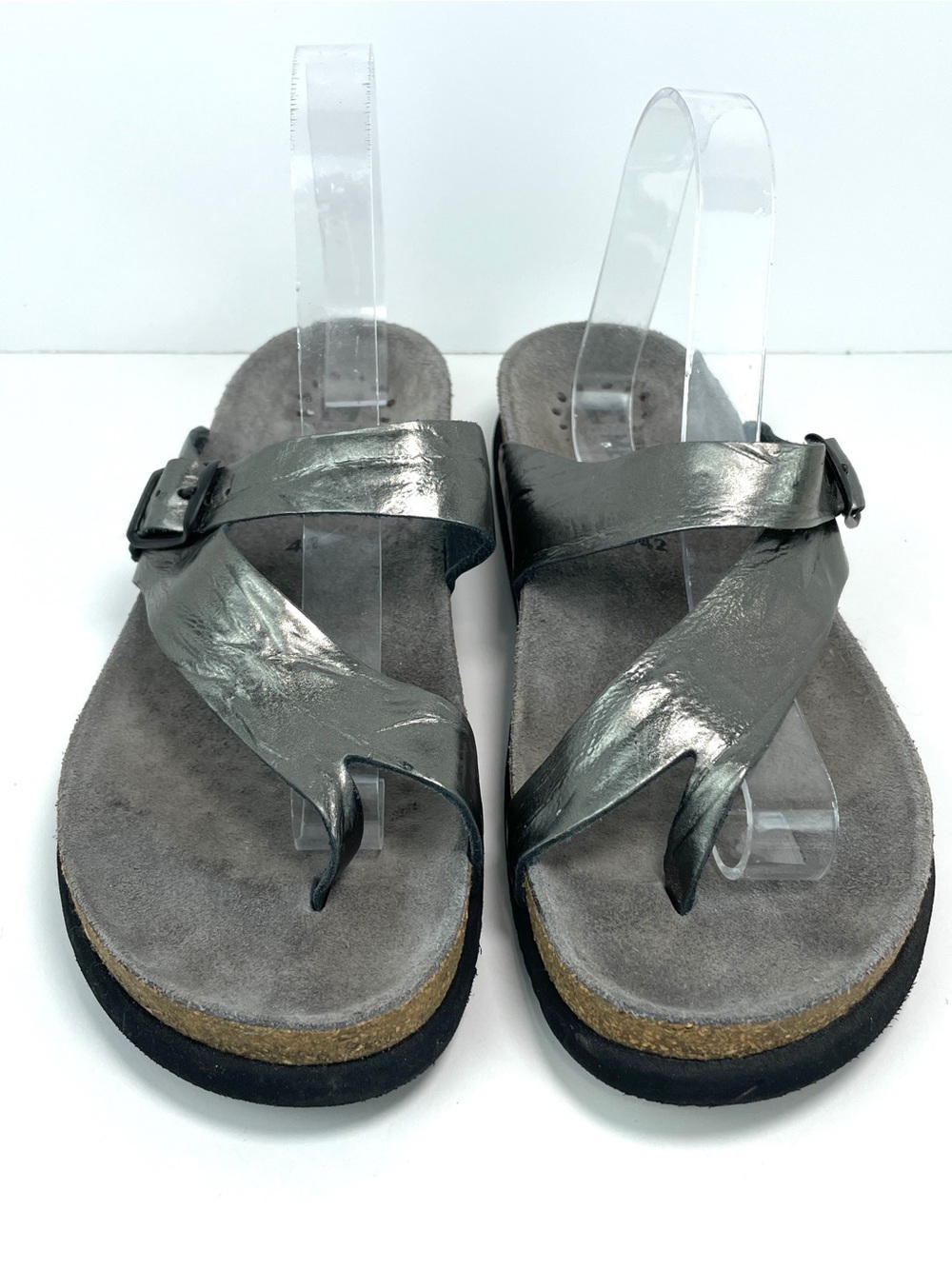 Mephisto Helen Metallic Pewter Leather Toe Loop Comfort Sandal Sz 42